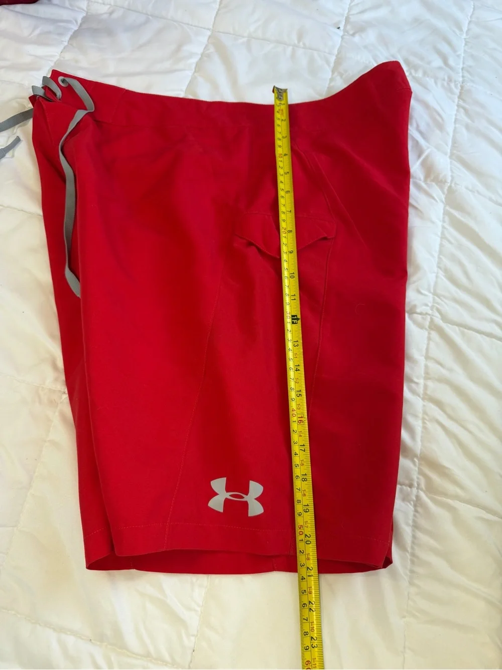 Under Armour Men’s Bright Red Swim Trunks with Gray Drawstring